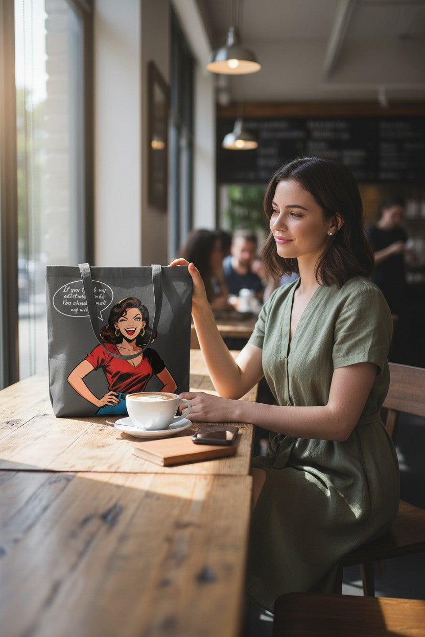 Woman sitting at a table in a cafe with a coffee cup, holding a bag with a cartoon character on it.