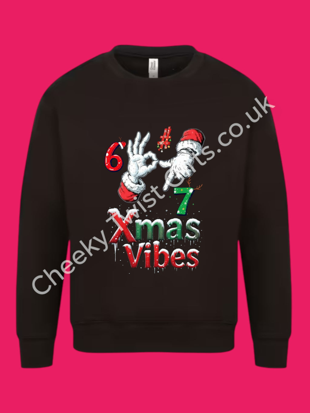 Black sweatshirt with festive design on a pink background