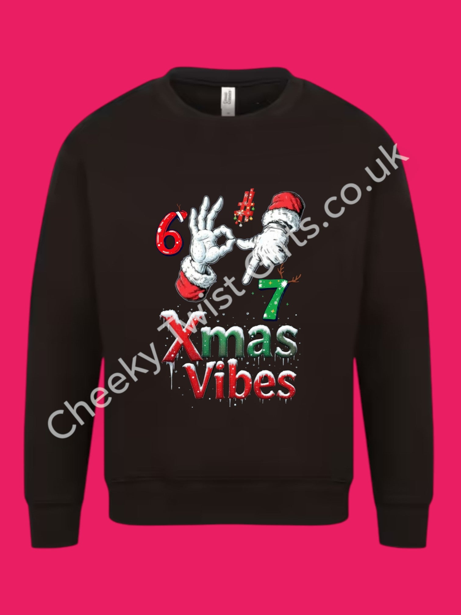 Black sweatshirt with festive design on a pink background