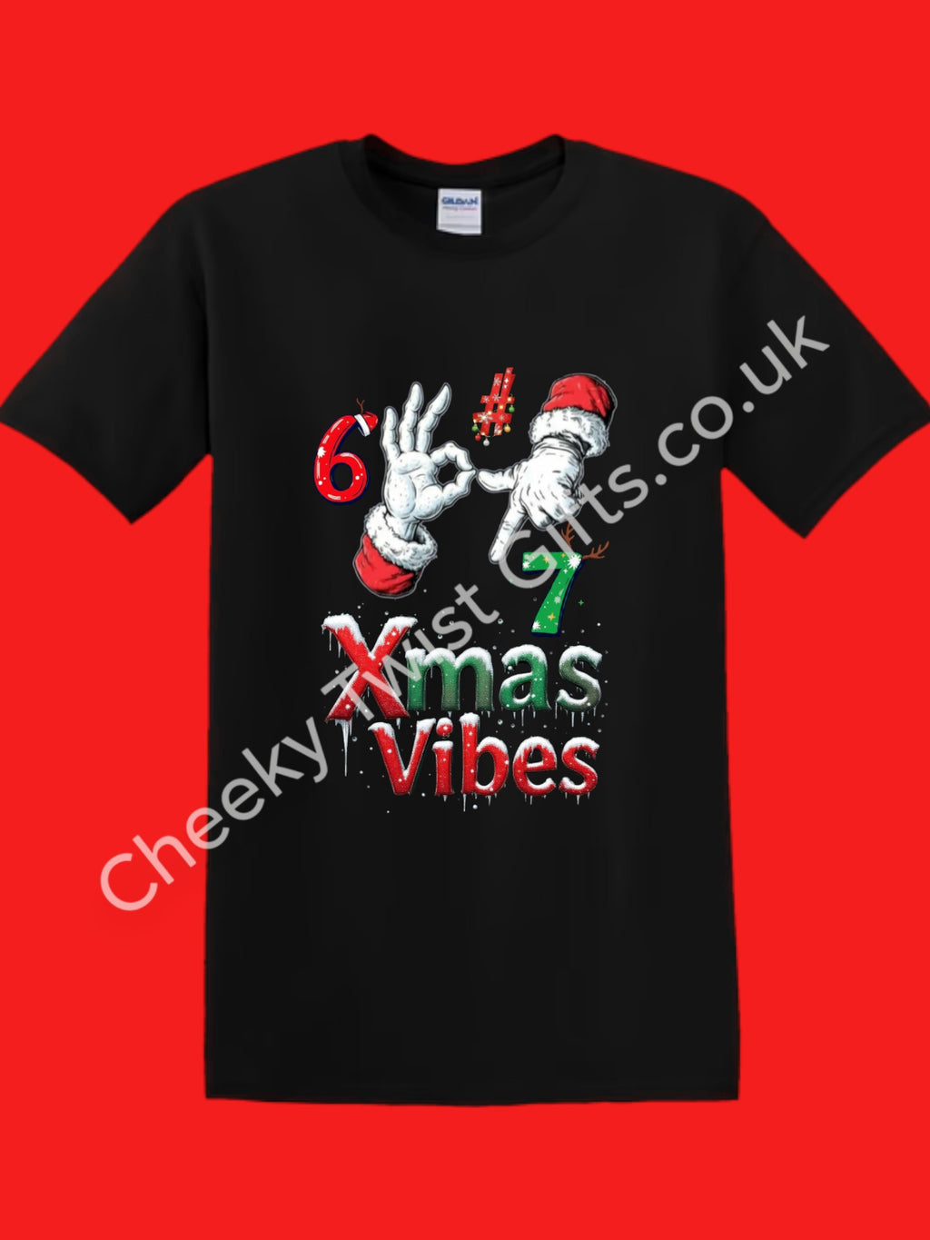 Black t-shirt with Christmas-themed design on a red background