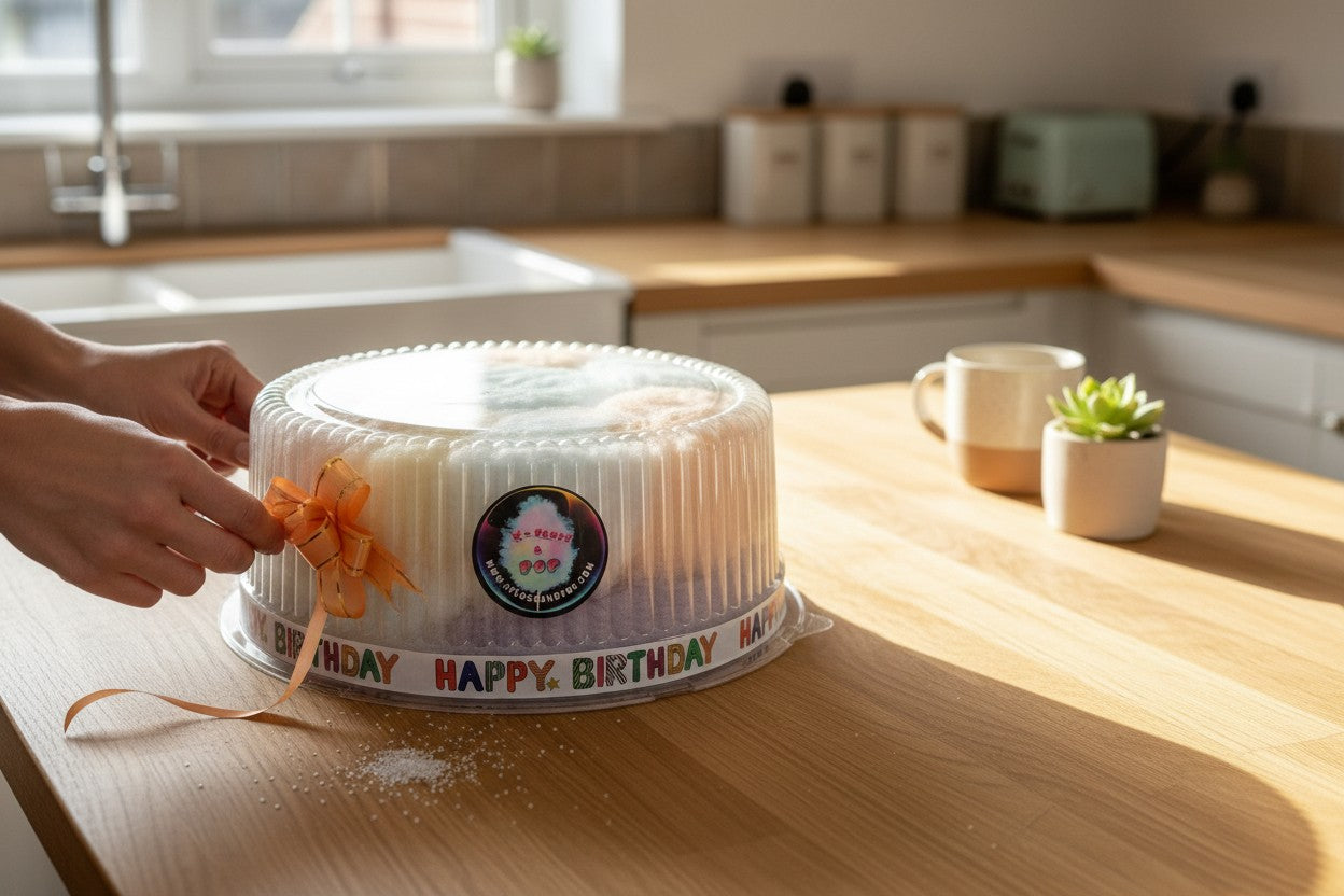 Person cutting a birthday cake on a kitchen counter with a 'Happy Birthday' label.