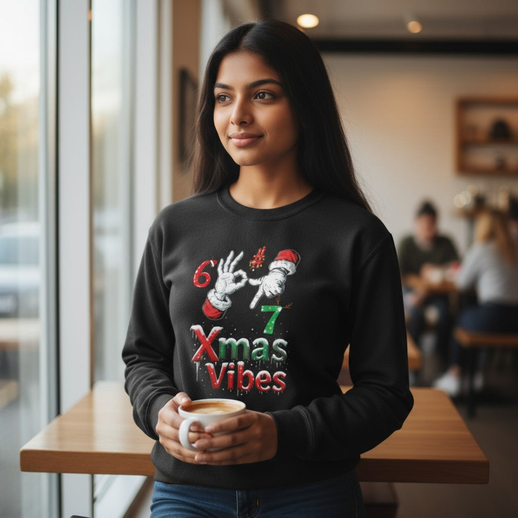 Woman wearing a black sweatshirt with Christmas design, holding a coffee cup in a casual setting.