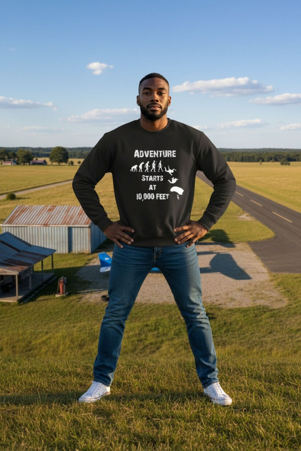 Man wearing a black sweatshirt with text and graphics, standing on a grassy field with a clear sky.