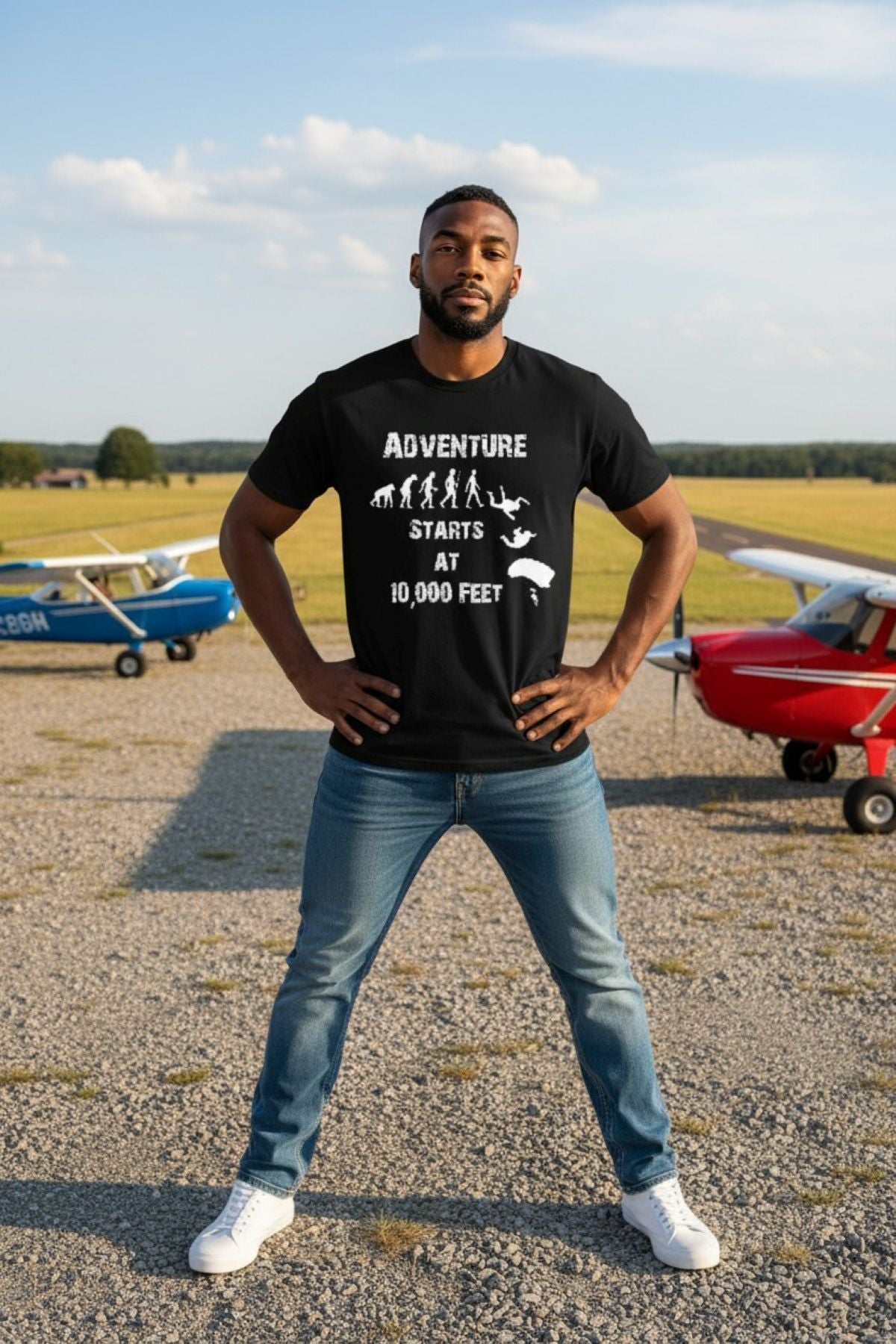 Man wearing a black t-shirt with 'Adventure Starts at 10,000 Feet' text and airplane graphics on an airfield.