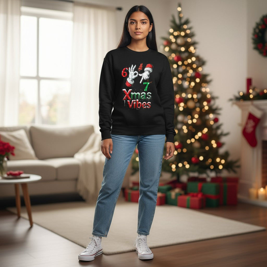 Person wearing a black sweatshirt with Christmas-themed text in a festive living room.