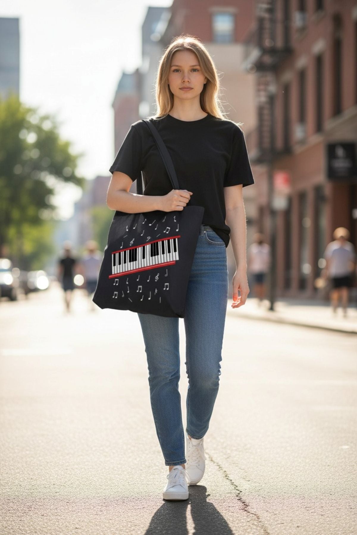 Woman walking on a street holding a black bag with musical design