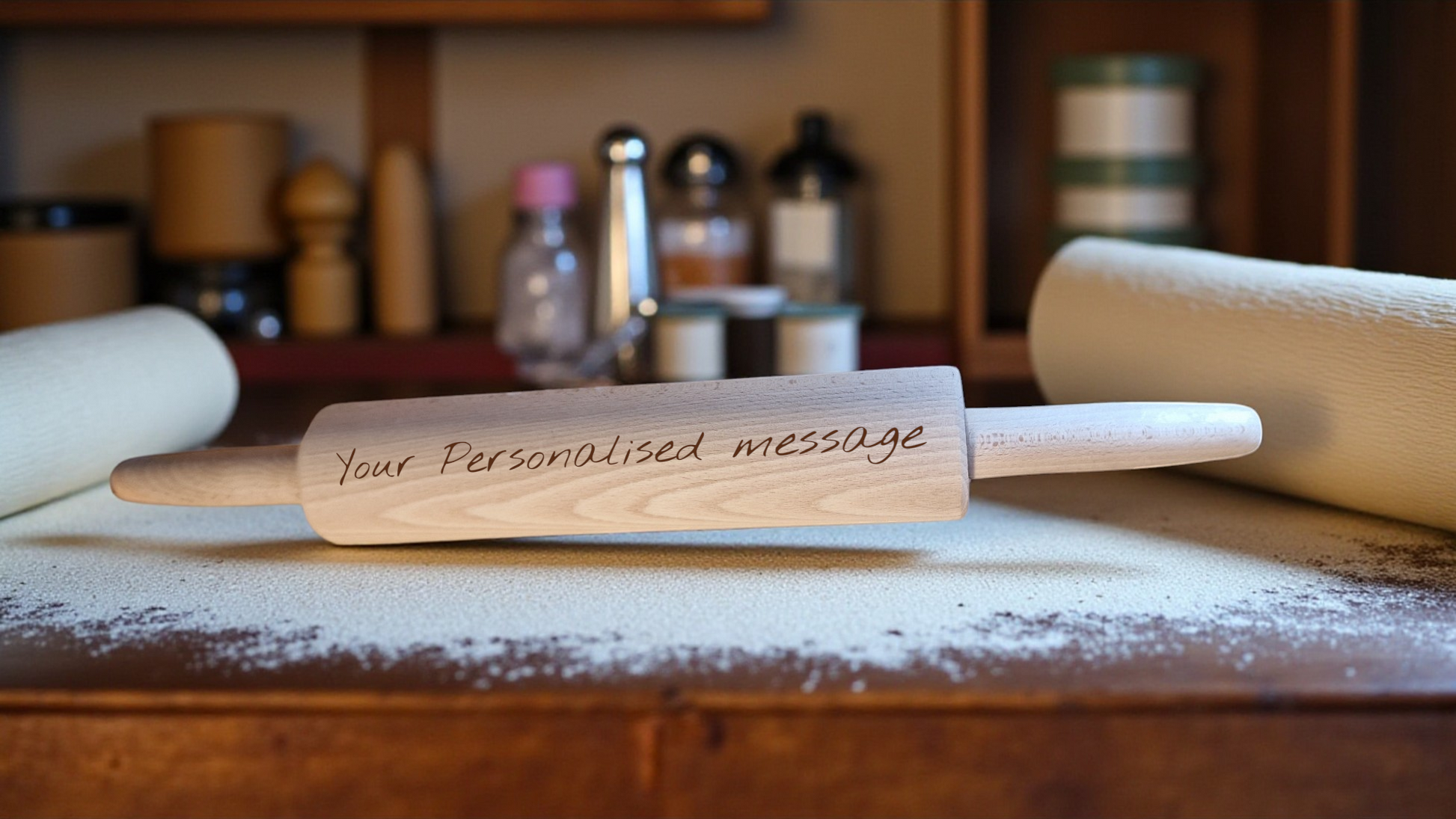 Wooden rolling pin with 'Your Personalised Message' engraved on a flour-dusted surface.